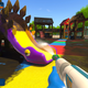 A screenshot of the game shows someone cleaning a purple dinosaur slide.